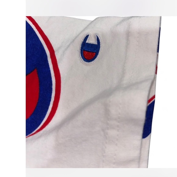 Champion All Over Logo Script Print T Shirt White Blue Red Small - Picture 4 of 7